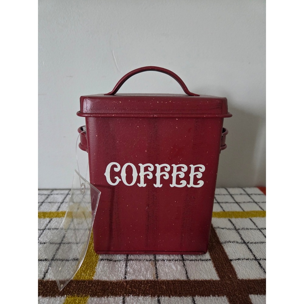 Red Metal Coffee Canister Small Distressed Rustic Decorative Tin Box with Lid